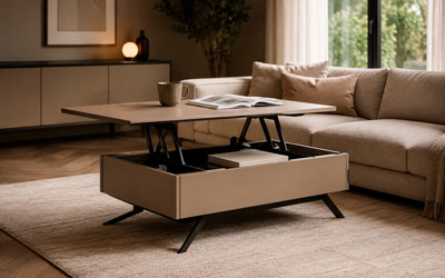 Mesa extensible y elevable en un salón contemporáneo