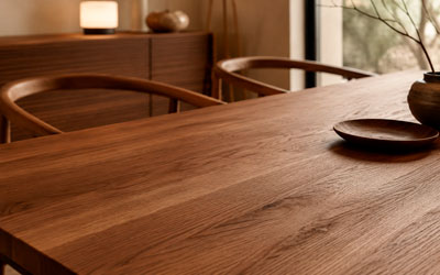 Detalle realista de mesa con acabado en madera